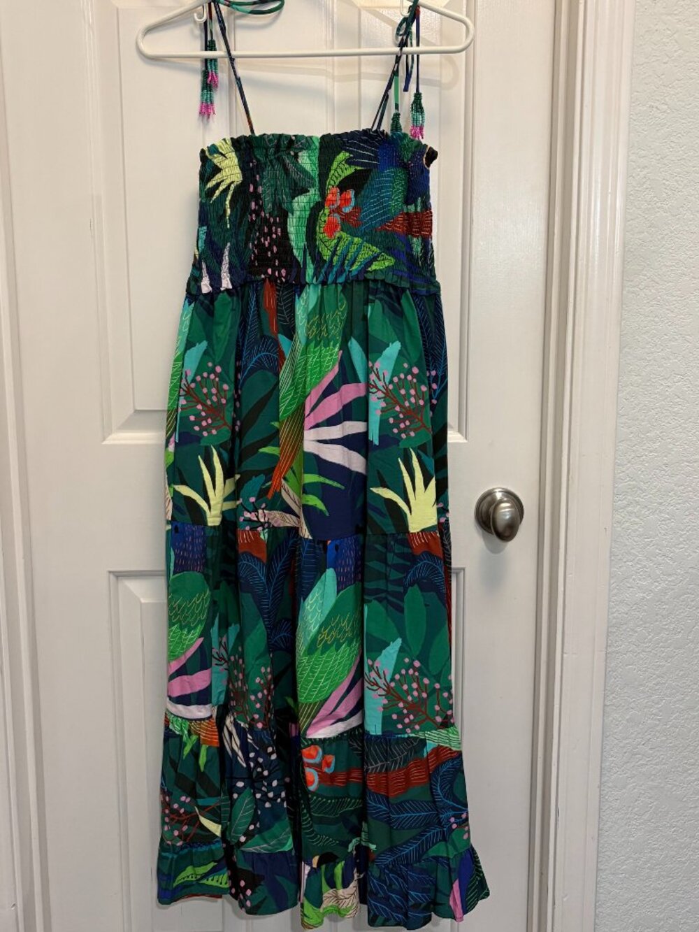 FARM RIO smocked midi dress vibrant greens medium